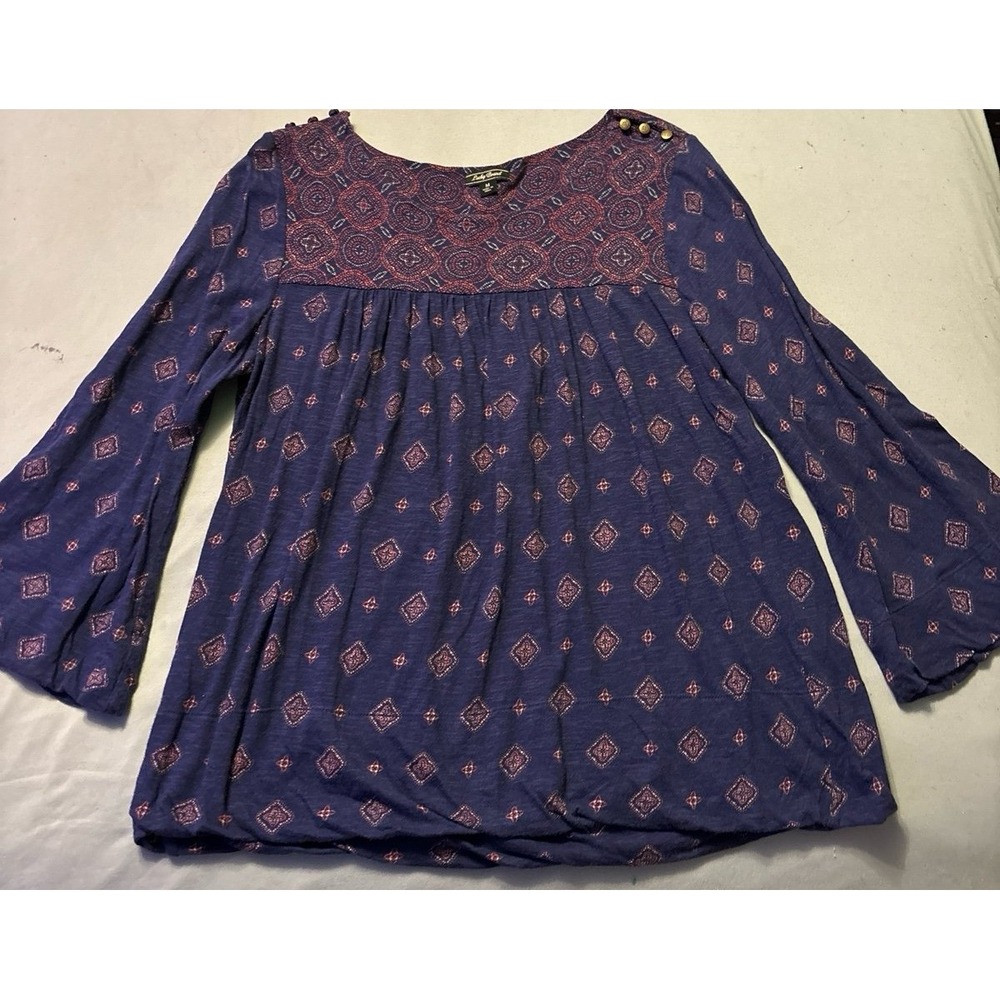 Lucky Brand Bell Sleeve Purple Flowy Boho Print Peasant Top, Size Medium